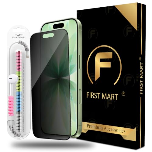 Image of FIRST MART Privacy Tempered Glass for iPhone 17 & iPhone 16 Pro with Cable Guard & Installation Kit | Anti-Spy 9H Screen Protector, Edge-to-Edge, Case-Friendly | Black