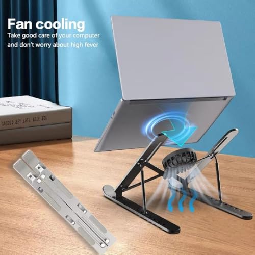Image of Stand with Cooling Fan Adjustable Aluminum Foldable Riser - Portable Ergonomic Notebook Stand Holder for Desk with 7 Level Height