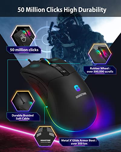 Image of Gigastone Gaming Mouse, Wired, Optical, 10 Buttons, 16000 DPI, RGB Backlight, 4MB Onboard Memory, Ambidextrous, Black