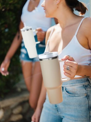 Image of Stainless Steel Tumbler with Handle & Straw Lid, Vacuum Insulated Travel Mug for Hot & Cold Drinks, Water, Coffee, Smoothie, Gift Cup for Women & Men