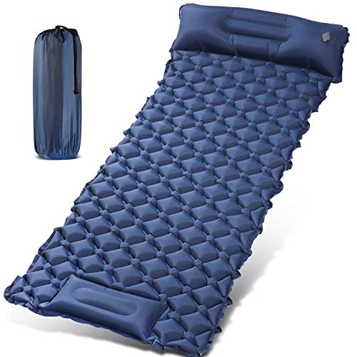 Realpero Inflatable Sleeping Pad - Ultralight Extra Wide Sleeping Mat With Pillow Foot Pump Waterproof Outdoor Portable Thick Air Mattress For Camping, Backpacking, Traveling, Hiking ，Tent ，Navy Blue #TOP27
