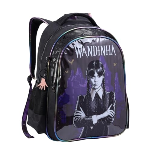 Mochila Wandinha Addams Infantil Costas Escolar Feminina Licenciado Oficial 17 Litros, 2 Compartimentos, Acompanha Chaveiro da Maozinha