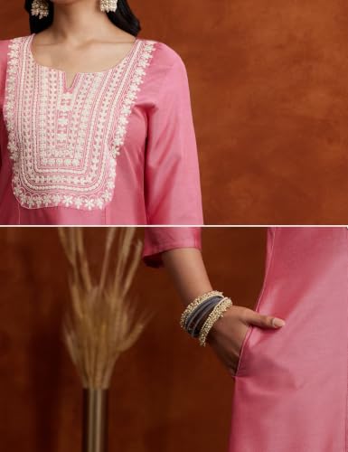 Image of Amazon Brand - Myx Women's Kurta Pant Set with Embroidered Organza Dupatta|A-line fit (Available in Plus Sizes)