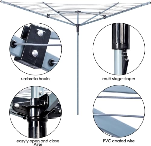 Flickbuyz Folding Rotary Airer - Heavy Duty Rotary Washing Clothes Line - 4 Arm Outdoor Non-Slip Lining Umbrella System Rotary Airer with Cover & Metal Ground Spike (50M) - Image 6