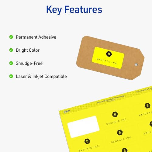 Image of Avery Printable Address Labels, Sure Feed Technology, 1 inch x 2-5 /8 inch, Neon Yellow, Laser & Inkjet Compatible, 750 Blank Labels Total, Great for Branding, Mailing, Organizing, and More (5972)