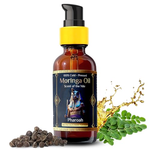 Pharoah – Men’s 100% Pure Moringa Oil Blended with Leather, and Sweet Tobacco Essential Oils and Infused with Egyptian Ormus Gold for Face, Hair, Nails, Beard, and Tattoos. 1oz. (30 ml)