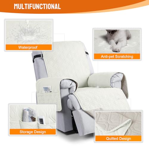Image of VANSOFY 100% Waterproof Recliner Chair Covers, Recliner Cover Non-Slip Dog Chair Cover Furniture Protector Washable Slipcover with Pocket, Elastic Straps for Pets, Dogs(Off White, 23.6 inch)