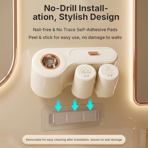 Image of HASTHIP Tooth Brush Holder Bathroom with Toothpaste Dispenser, Wall Mounted Storage Shelf with Drawer & 2 Cups, Adhesive Installation, PP Cosmetic Holder, Toothbrush Holder