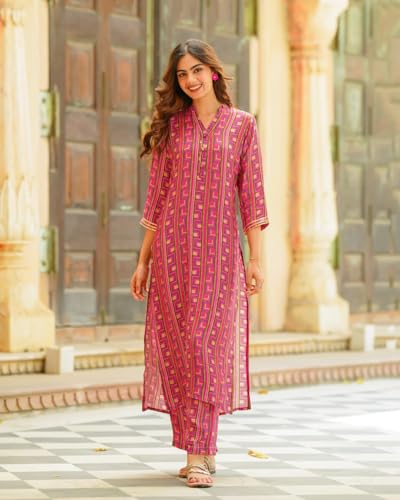 Ensemble kurta rose en viscose LookMark avec pantalon imprimé taille S