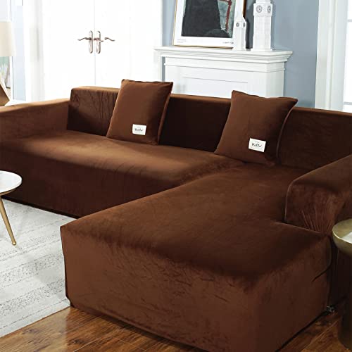 Housse de canapé d'angle extensible marron 4 places pour salon - 4
