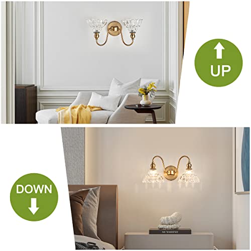 Tlolgt Antique 2-Light Wall Sconce Modern Bathroomvanity Light Gold Wall Light Made Of Metal Body And Pressed Patterned Glass Retro Vanity Light For Bedroom, Bathroom, Doorway, Foyer, Hallway #TOP5