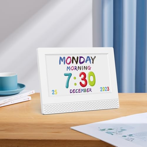 Image of Kids Digital Alarm Clock with Voice Scene Reminders, 7 inch Eye-Caring Display | Watercolor Wallpapers, Auto Dimming DST /Calendar Clock, Sleep Trainer Easy Setup Gift-Ready Box for Kids Birthday with Remote