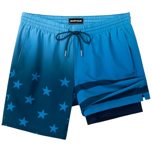 Image of SURF CUZ Mens Swim Trunks with Compression Liner Swim Shorts 7 inch Swimming Trunks Stretch 7 Inch Swim Suits Quick Dry