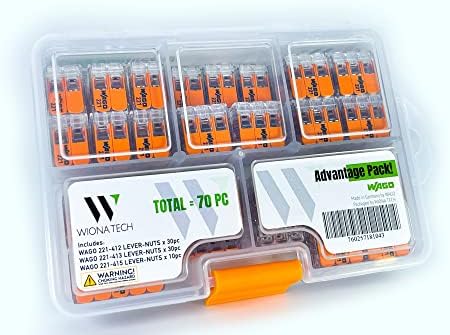 WAGO Wire Connectors 70 PCS, 221 Series Lever Nuts Assortment with Advantage Pack, Includes (30x) 221-412, 221-413, (10x) 221-415, Compact Splicing Electrical Connector, Orange (WIANO PACK ADV)