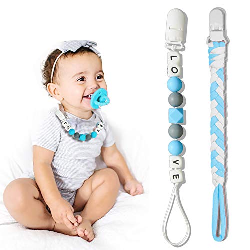 Pacifier Clip for Baby Boys, Baby Holder Leash, Braided Pacifier Holder & Silicone Pacifier Holder, Teether Toy Leash, Baby Shower Gift Set, Easy to Use for Teething Toys (Blue)
