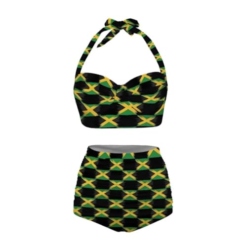 Youngerbaby Jamaican Flag Women's Chic Summer Beach Hot 2 Piece Halter Neack High Waist Padded Sexy Swimsuit Plus Size 2XL