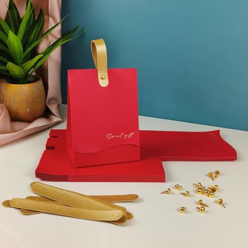 Image of SATYAM KRAFT 10 Pcs Elegant Candy Folding Paper Gift Box with Handle | Decorative Favor Box for Wedding Return Gifts, Engagement, Festivals, Birthday, Chocolates & Dry Fruits (Red)