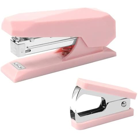Pink Stapler Staples Remover Set Plastic Diamod Shape Shell Desktop Manual Stapler 20 Sheets Capacity and Plastic Body Metal Jaws Staple Remover Stapling Tool for Stationery Accessories Organizer Cover