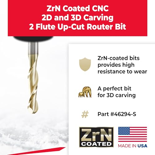 Image of Amana Tool Up Cut Spiral CNC Router Bits for 2D /3D Carving, ZrN Coated, 46294-S, 0.10 Deg Straight Angle Ball Tip 1 /4 D x 1 /8 R x 1 x 1 /4 Shk x 2 Fl
