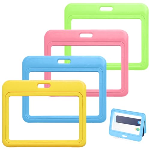 4Pack Horizontal ID Badge Holder,Double-Sided Windows Horizontal Hard Plastic Case Card Protector Pouch for Office School ID Credit Cards Proximity Key Cards Driver’s Licenses and Passes