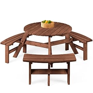 Best Choice Products 6-Person Circular Outdoor Wooden Picnic Table for Patio, Backyard, Garden, DIY w/ 3 Built-in Benches, 500lb Capacity – Walnut Brown
