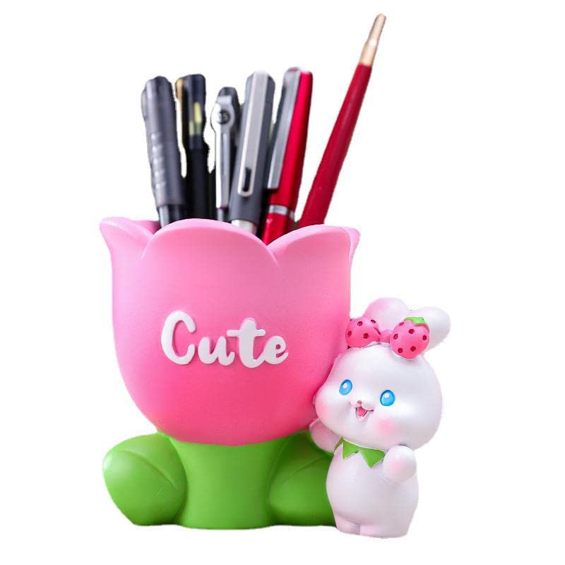 Portapenne a forma di coniglietto e fiore per scrivania in resina a forma di coniglietto carino porta pennelli da trucco per ufficio scuola casa scrivania organizzatore cancelleria regalo di