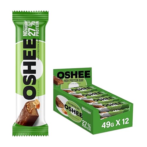 Oshee High Protein Bars – Peanut & Caramel, 49g (Pack of 12), 27% Protein Snack for Muscle Recovery & Energy, No Sugar, High Fibre, Ideal for Active Lifestyles