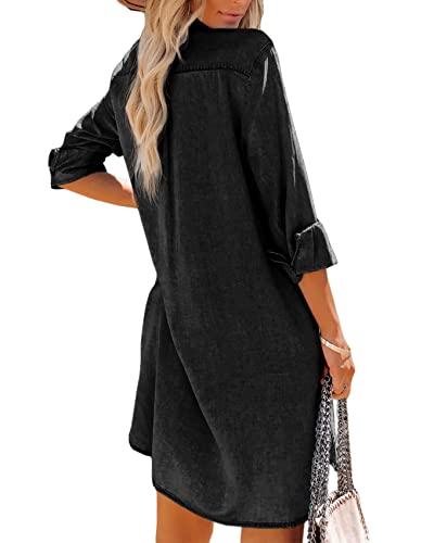Image of Paintcolors Women's Long Sleeve Silk Denim Button Up Dresses Shirt Tunics Cover-ups Oversized Blouse Tops with Pockets