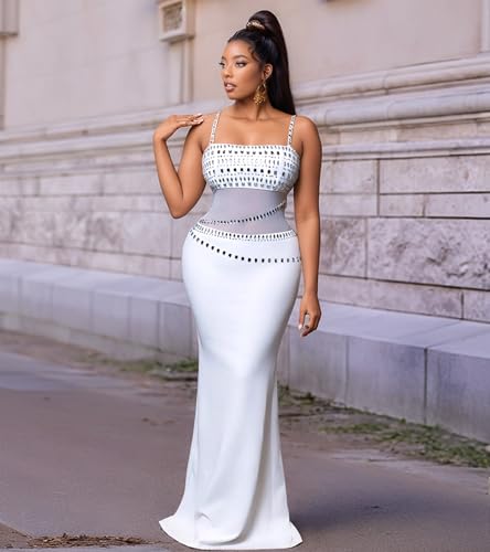 Image of Jigfar Women Sexy Elegant Rhinestone Mesh See Through Party Club Night Split Bodycon Formal Maxi Dress
