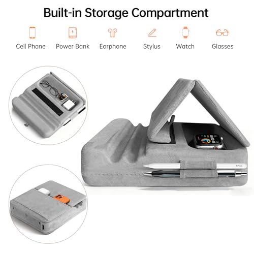 Image of Tablet Pillow Stand with Storage, Foldable iPad Holder for Lep, Bed, Sofa, and Desk - Soft Pad Dock with Pocket and Stylus Mount Compatible with 4-13 inch iPad Pro /Air /Mini, Galaxy Tab, Kindle