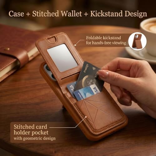 Image of amazon basics Premium Vegan Leather Back Cover with Card Holder and Integrated Mobile Stand for iPhone 11 - Slim Shockproof Wallet Case with Geometric Stitching [Tan]