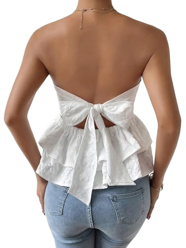 MakeMeChic Women's Bow Knot Tie Back Bandeau Floral Lace Ruffle Tiered Shirt Peplum Tube Tops