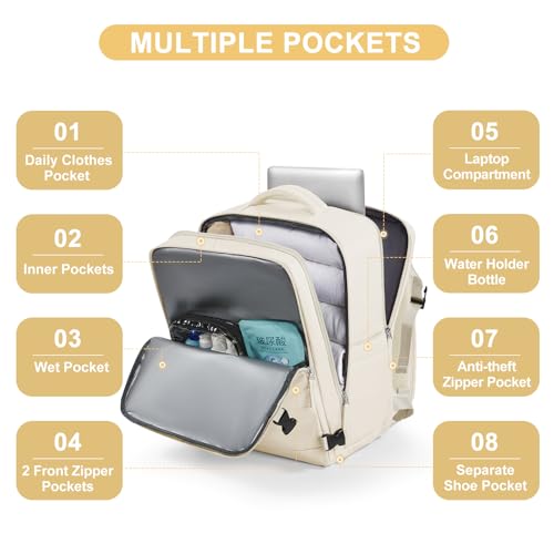 Image of coofay Large Travel Backpack Carry on Flight Approved Mochila De Viaje Personal Item Backpack for Airlines Frontier Airlines Personal Item Bag Large Backpack for Travel Backpacks for Men Women Beige