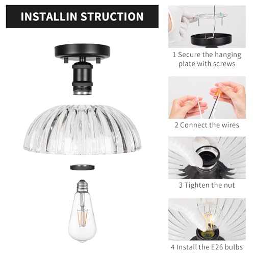 Image of JYZ Semi Flush Mount Ceiling Light, Black Ceiling Light Fixture with Ribbed Glass Shade, Vintage Light fixtures for Hallway, Entryway, Bathroom, Kitchen, Bedroom