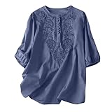 Damen Hemdbluse Sommer Elegant Leinenbluse Einfarbig Blusenshirt Rundhals Leinenhemd Blumendruck Oberteile Vintage Freizeithemd T-Shirt Bestickt Blusehemd Tunika Blau 2XL