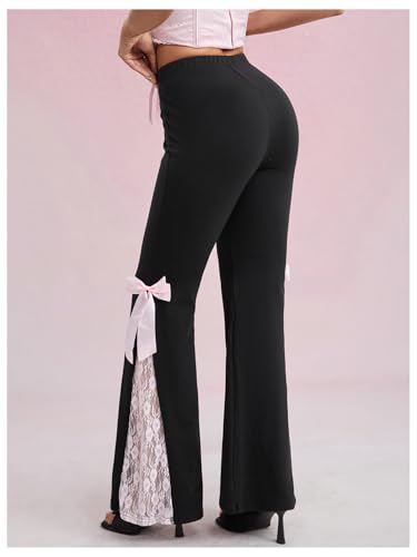 WDIRARA Women's Lace Bow Knot Flare Pants Elastic Waist Bell Bottom Trousers2