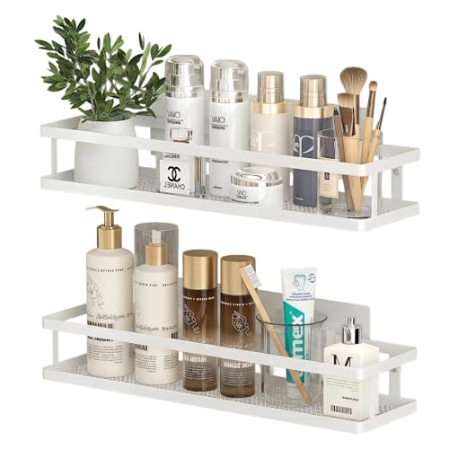 PUSDON 2-Pack 16.5" Extra Long Slim Shower Caddy, Adhesive Wall Mount Bathroom Organizer, Rustproof Open Frame Mesh Spice Rack for Kitchen, Holds 50LBS - White, Guardrail