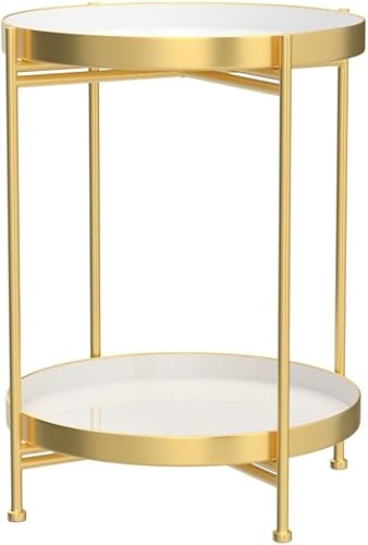 Miniatura 5 de Mesa auxiliar redonda, bandeja de metal dorado de 2 niveles, mesa auxiliar de metal para sofá, sala de estar, mesa de té, espacios pequeños