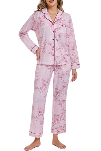 Image of LUBOT 100% Cotton Pajamas for Women Pajama Set 2 Piece PJ Sleepwear Set Soft Ladies Button Knit Long Sleeve Loungewear XS-XXL
