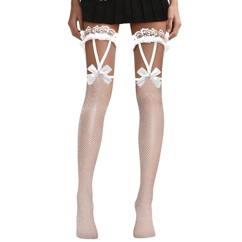 White Fishnet Thigh High Stockings with Bow, Women's Sexy Sheer Over the Knee Stockings, Stretchy Hollow Out Tights Pantyhose for Lingerie, Cosplay, Clubwear, One Size