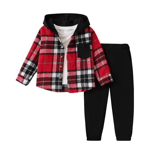 Image of Size 2-6 Years Toddler Boys Clothes Plaid Hooded & Pants 2 Piece Set Kids Boys Fall Outfits Sets