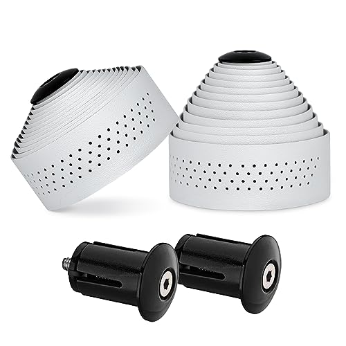 Dosarzo Bike Handlebar Tape - White Comfort Grip Bar Tape for Road Bike, Non-Slip Cycling Bar Tape with Adhesive Backing(Expansion End Plugs)