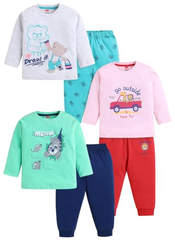 Image of LuvLap Baby Boys 100% Cotton Full Sleeve Boys T-Shirt & Pyjama Sets, Pack Of 3