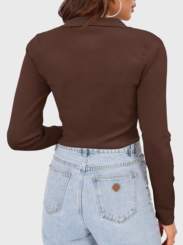 SuperPrity Long Sleeve Shirts for Women Spring Fashion V Neck Button Polo Sweaters Stretch Slim Fitted Knit Basic Tee Tops3