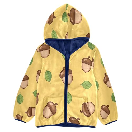 Acorn and Leaf Pattern Print Toddler Fleece Jacket Girl Boys Hooded Fleece Jacket Coat Warm Outwear Zip-up 3-10T