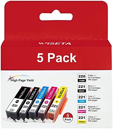 220 221 Ink Cartridge Value Pack Black/Color, Canon PGI-220 CLI-221 PGI220 CLI221 to use with Canon MX860 MX870 MP620 MP640 (1 Large Black, 1 Cyan, 1 Magenta, 1 Yellow, 1 Black) 5 Pack