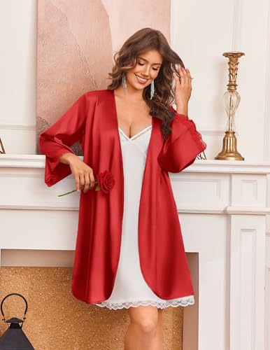 Ekouaer Women's Silk Robe Short Satin Kimono Robe 3/4 Sleeves Lace Trim Bathrobe V Neck Bride Bridsmaid Sleepwear with Pocket — view 3