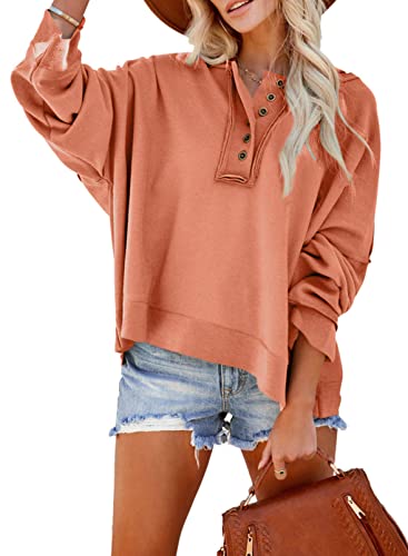 Dokotoo Womens V Neck Hoodies Loose Cropped Long Sleeve Shirts for Women Fashion Button Down Halloween Sweatshirts Orange Small