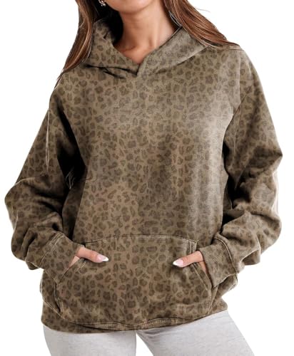 Anoumcy Oversized Leopard Print Hoodies for Women Cheetah Hoodie Sweatshirt Graphic Pullover Loose Fall Winter Tops Khaki M