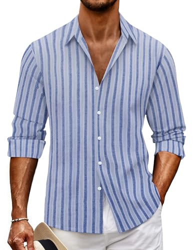 MARZXIN Hemd Herren Gestreifte Langarm Button Down Shirt Hawaii Regular Fit Freizeithemd Männer Hemden Lässige Herrenhemd Blau XL